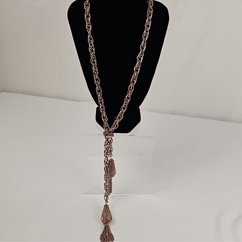 Vintage Gold Tone Multi Chain Mesh Tassel Necklace 17" 1960s 70s